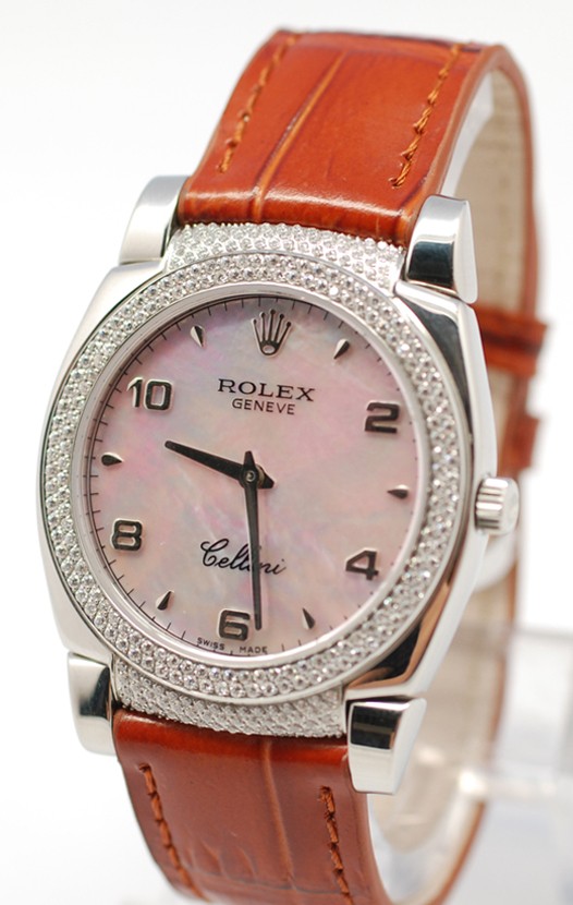 Rolex Celleni Cestello Reloj Suizo Señoras Penk con Esfera Perla, Correa de Piel, Diamantes en Bisel y Terminales