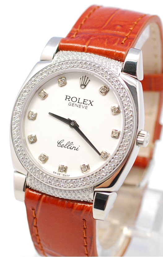 Rolex Celleni Cestello Reloj Suizo Señoras con Esfera Blanca, Correa de Piel, Diamantes en Horas, Bisel y Terminales