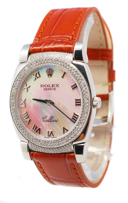 Rolex Celleni Cestello Reloj Suizo Señoras Esfera Blanca Perla Romana, Correa de Piel, Diamantes en Bisel y Terminales