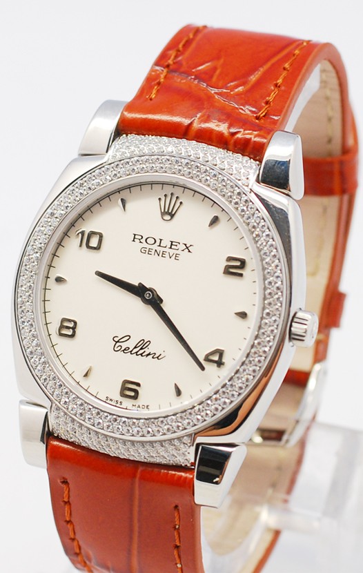 Rolex Celleni Cestello Reloj Suizo Señoras con Esfera Blanca, Correa de Piel con Diamantes en Horas, Bisel y Terminales 