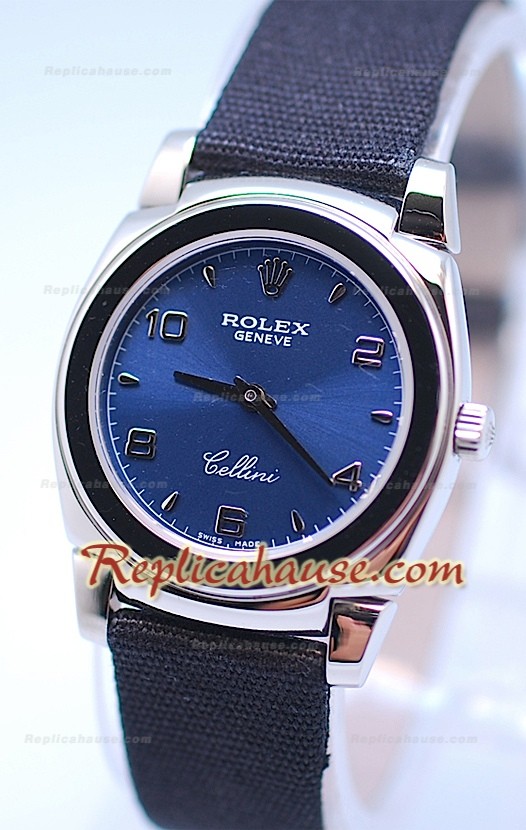 Rolex Celleni Cestello Reloj Suizo Señoras Esfera Azul plata y Correa de Nilón