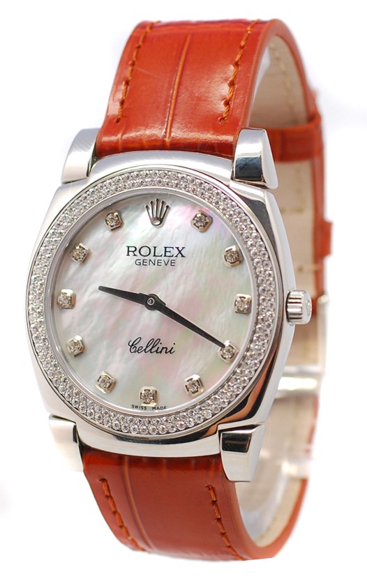 Rolex Celleni Cestello Reloj Suizo Señoras con Esfera Perla Blanca, Correa de Piel y Diamantes en Bisel y Horas