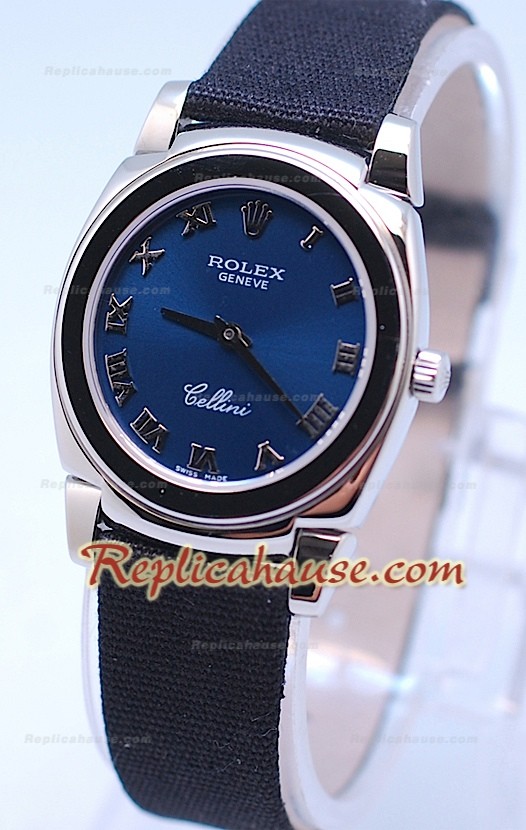 Rolex Celleni Cestello Reloj Suizo Señoras Esfera Romana Azul Plata y Correa de Nilón