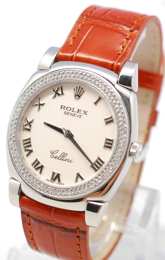 Rolex Celleni Cestello Reloj Suizo Señoras con Esfera Blanca Romana, Correa de Piel y Diamantes en Bisel