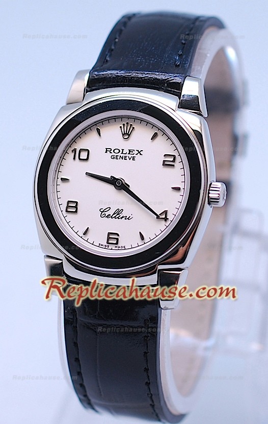 Rolex Celleni Cestello Reloj Suizo Señoras Esfera Blanca y Correa de Piel