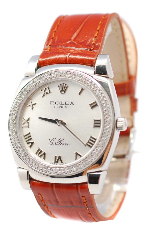 Rolex Celleni Cestello Reloj Suizo Señoras con Esfera Plata Romana, Correa de Piel y Diamantes en Bisel