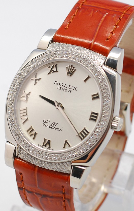Rolex Celleni Cestello Reloj Suizo Señoras con Esfera Plata, Correa de Piel y Diamantes en Bisel y Terminales