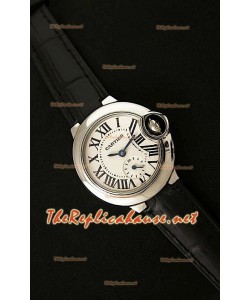 Ballon De Cartier Reloj para Señoras de Acero Inoxidable con Correa de Piel Negra 
