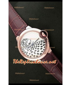 Ballon De Cartier Reloj en Oro Rosa con Esfera de Leopardo con Correa Marrón 