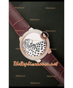 Ballon De Cartier Reloj de Oro Rosa con Esfera de Leopardo y Correa Marrón 