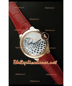 Ballon De Cartier Reloj de Oro Rosa con Esfera de Leopardo y Correa Roja. 