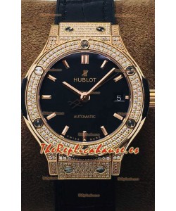 Hublot Classic Fusion Diamonds Oro Rosado Dial Acero Negro 38MM Reloj Réplica Suizo Calidad Espejo 1:1