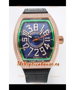 Franck Muller Vanguard Crazy Hours Caja Oro Rosado Diamantes - Dial Azul Acero Reloj Réplica Suizo