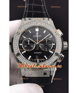 Hublot Classic Fusion Chronograph Caja Acero Diamantes Dial Negro Reloj Réplica a Espejo 1:1