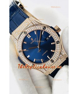 Hublot Classic Fusion Diamantes Oro Rosado Dial Acero Azul Reloj Réplica Suizo Calidad Espejo 1:1