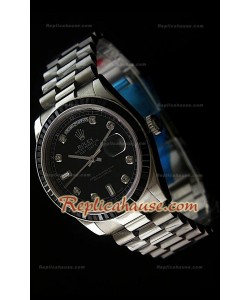 Rolex DayDate Reproducción Reloj Suizo con Esfera de color Negro - Marcadores de Hora en Diamantes