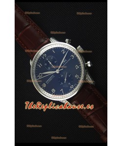 IWC Portuguese Reloj Replica Cronógrafo a Espejo 1:1 Dial Negro Correa Marrón con Diamantes