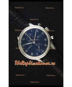 IWC Portuguese Reloj Replica Cronógrafo a Espejo 1:1 Dial y Correa color Negro con Diamantes