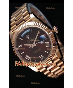 Rolex Day-Date 40MM Reloj Replica Suizo en Oro Rosado y Dial en color Marrón con Numerales en Numeros Romanos