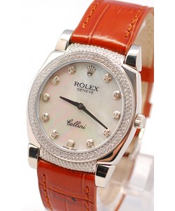 Rolex Celleni Cestello Reloj Suizo Señoras con Esfera Perla Blanca, Correa de Piel, Diamantes en Horas, Bisel y Terminales