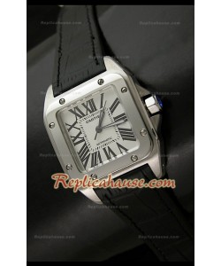 Cartier Santos 100 Reloj Suizo Automático para Mujeres en Piel Negra - 33MM