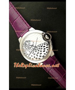 Ballon De Cartier Reloj de Acero Inoxidable con Esfera de Leopardo en Correa Lila 
