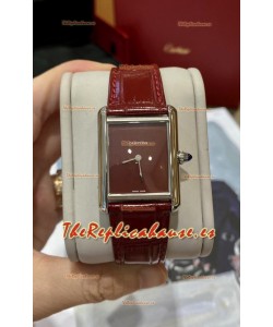 Must De Cartier Edición Tank Reloj Caja Acero Inoxidable 904L Dial Granate