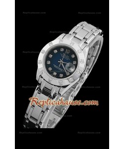 Rolex Datejust Reproducción Reloj Suizo para Señoras con Esfera Azul Oscuro y Marcadores de Hora en Diamantes