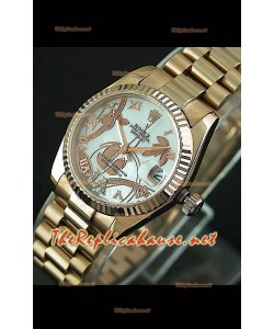 Reloj japonés Rolex Datejust para damas con estuche rosa dorado.