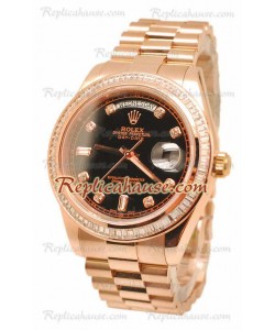 Rolex Day Date II Dial Negro Rose Gold Reloj Bisel de diamantes in 43MM