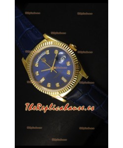 Rolex Day Date 36MM Reloj Réplica Suizo en Oro Amarillo - Dial Azul Oscuro