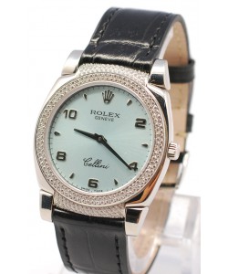 Rolex Celleni Cestello Reloj Suizo Señoras con Esfera Azul, Correa de Piel Negra y Diamantes en Bisel y Lugs