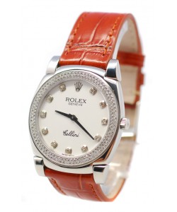 Rolex Celleni Cestello Reloj Suizo Señoras con Esfera Blanca, Correa de Piel, Diamantes en Bisel y Marcas de Hora