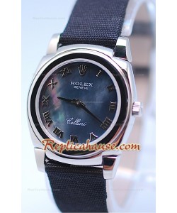 Rolex Celleni Cestello Reloj Suizo Señoras Esfera Perla Romana Negra y Correa de Nilón 