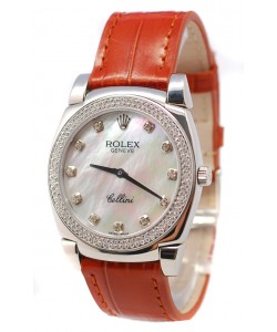 Rolex Celleni Cestello Reloj Suizo Señoras con Esfera Perla Blanca, Correa de Piel y Diamantes en Bisel y Horas